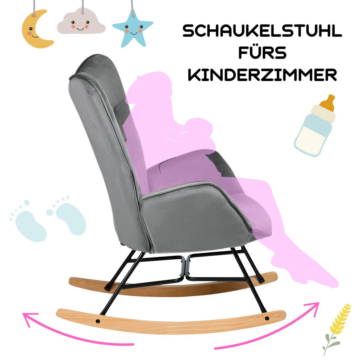 SCHAUKELSESSEL Samt Grau - Eichefarben/Grau, Holz (87/98/68cm) - Urban Meuble