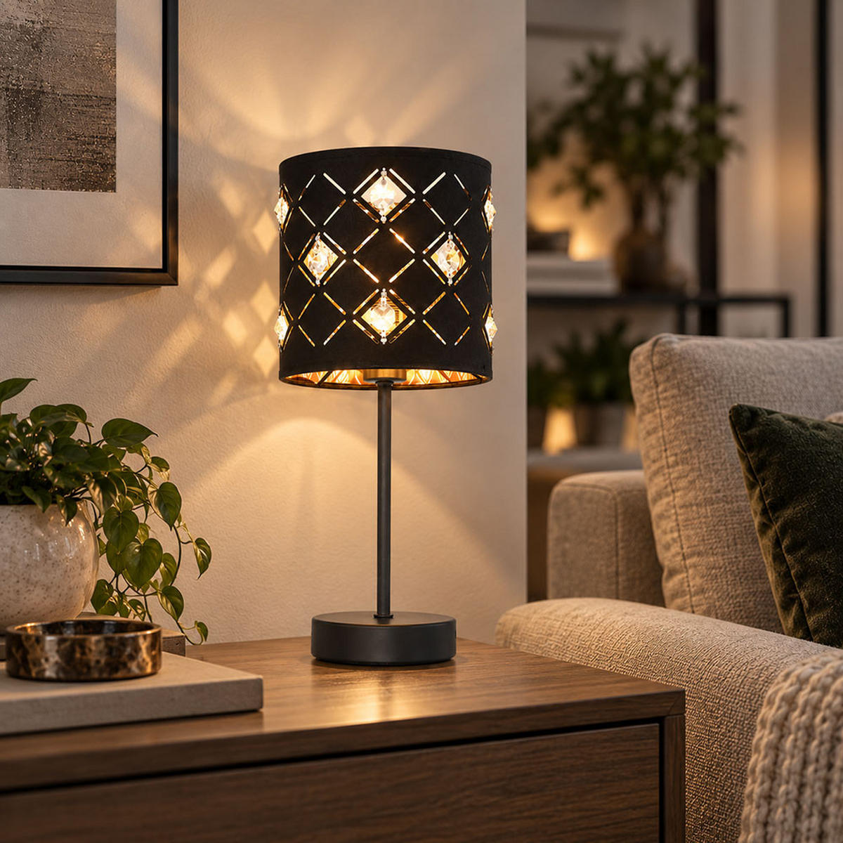 TISCHLEUCHTE Metall Schwarz Gold Kristalloptik - Schwarz, Metall (15/15/35cm) - Globo Lighting
