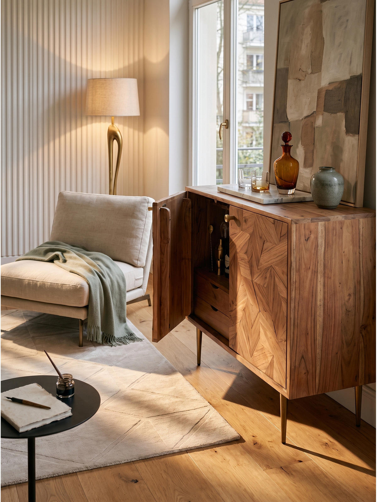 HAUSBAR MERTOLA, Akazie Massivholz, mit Holzstruktur, 90 x 45 x 78 cm - Goldfarben/Akaziefarben, Holz/Metall (90/78/45cm) - KADIMA DESIGN