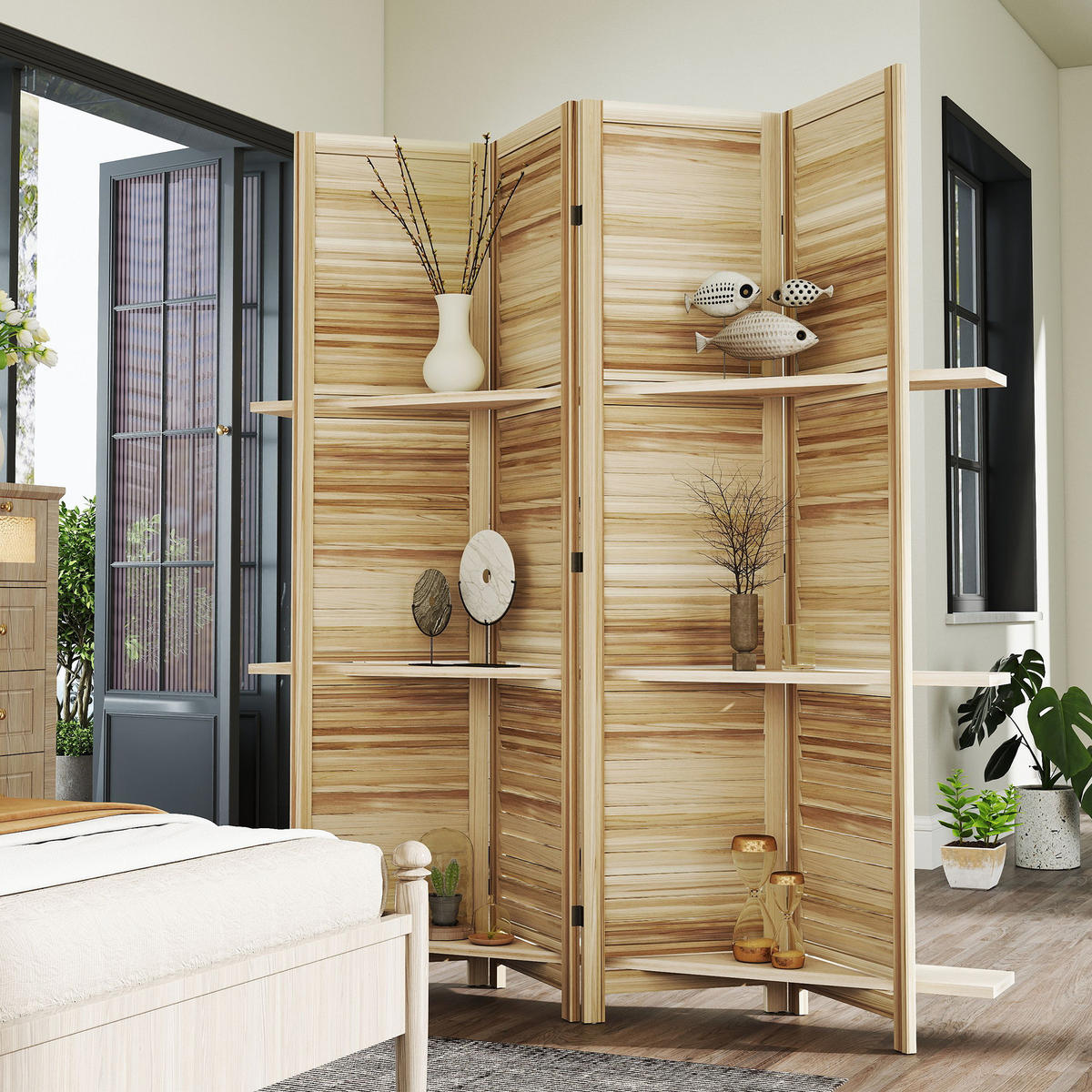PARAVENT DE-14318 4 Paneele, 3 Regalböden, Lamellen Naturholz - Naturfarben, Holz (160/170/1.9cm) - ComfortXL