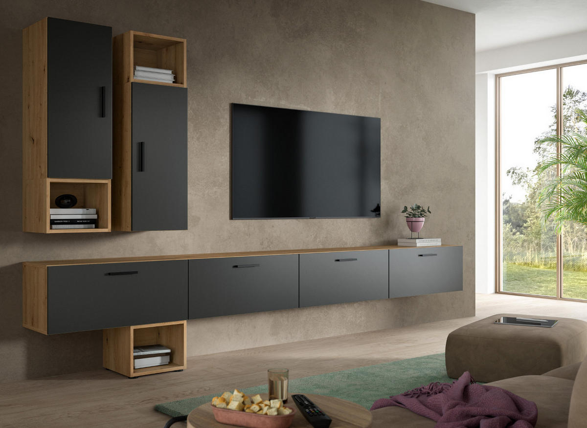 WOHNWAND grau, Eiche Artisan 300 cm, Wohnkombination hängend / stehend - Schwarz/Eiche Artisan, Holzwerkstoff/Kunststoff (300/178/34cm) - Inn.Furn