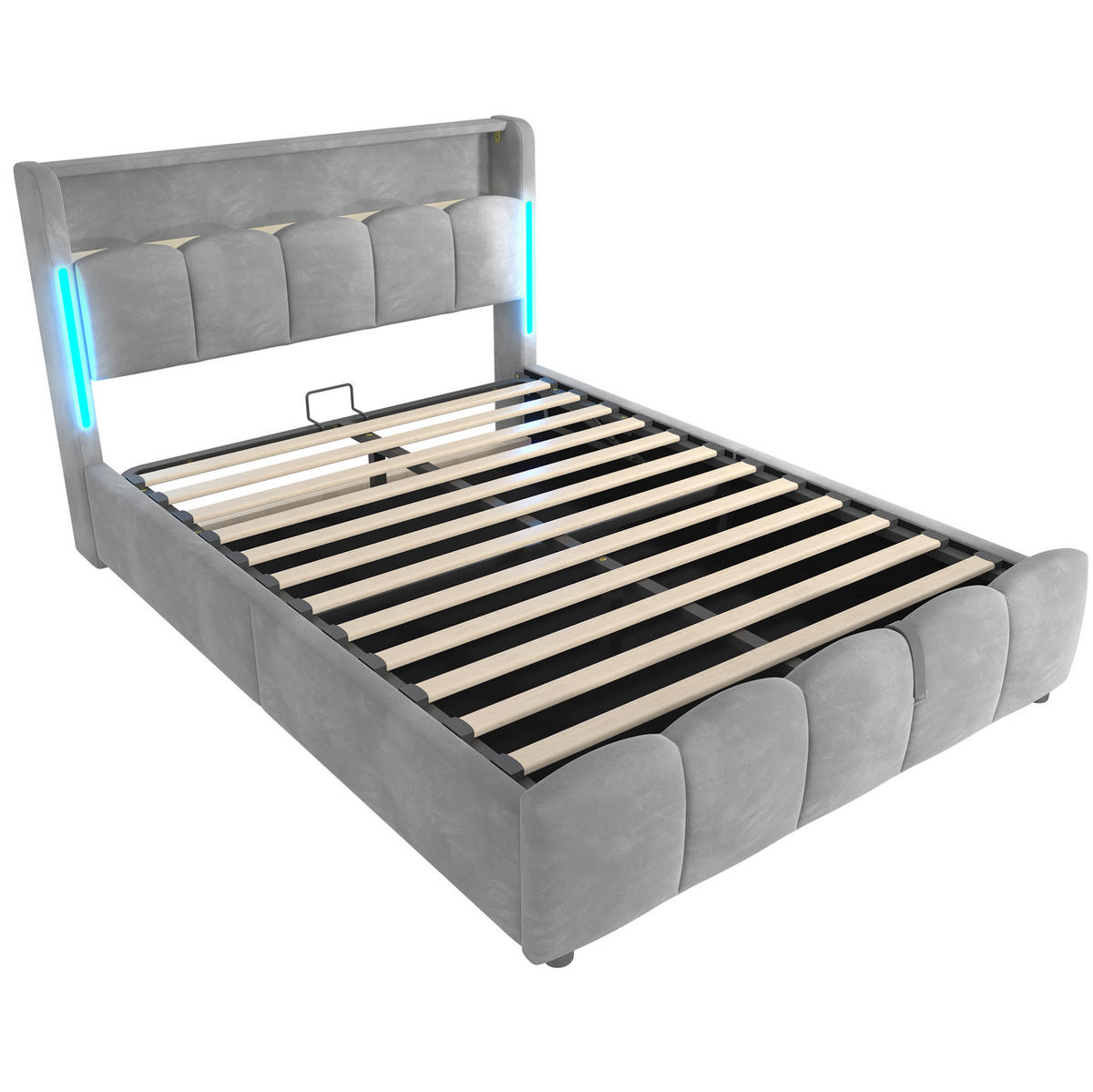 POLSTERBETT 140/200 cm grau aus Samt und MDF mit LED und Stauraum - Grau, Textil (140/200cm) - OKWISH