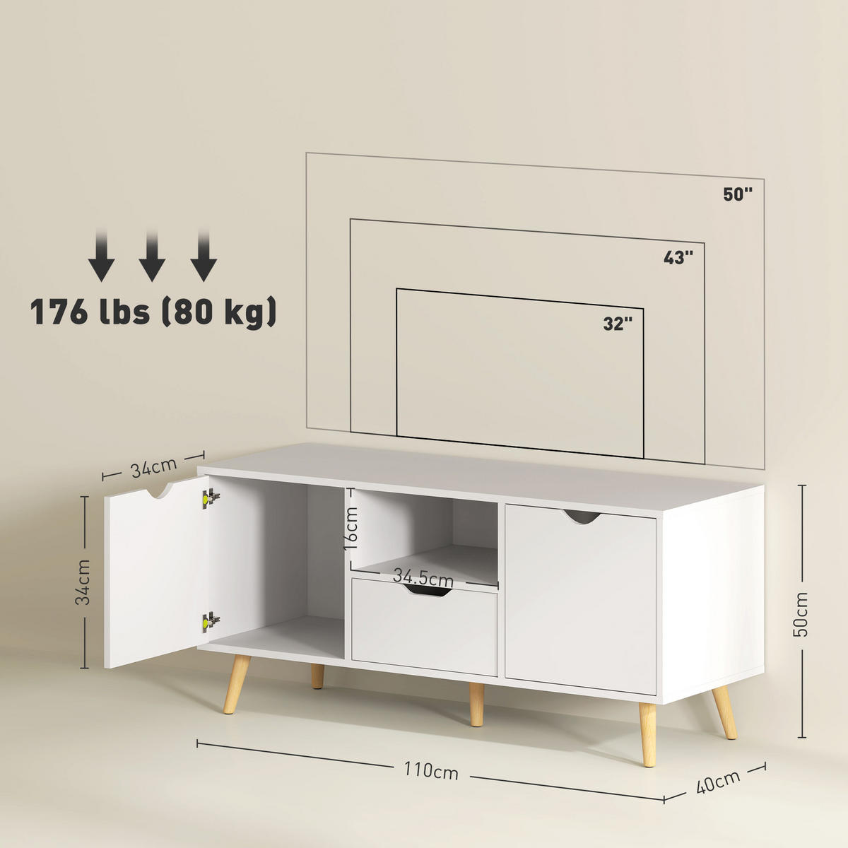 TV-MÖBEL Weiß 1 Stück - Weiß, Holzwerkstoff (110/50/40cm) - GiPP