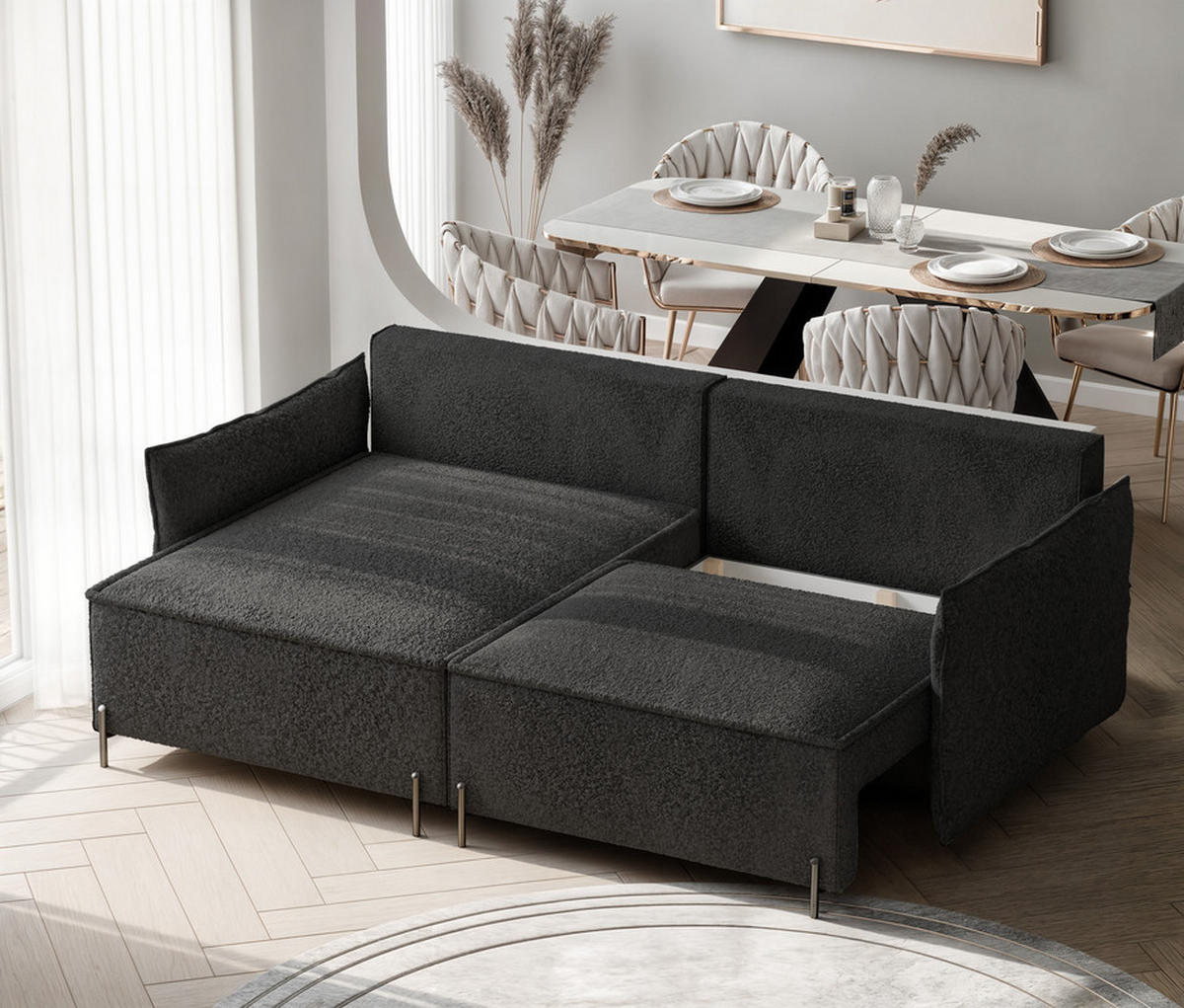 ECKSOFA MARCO Links, mit Schlaffunktion und Bettkasten, Anthrazit - Anthrazit, Textil/Metall (221/148cm) - Idohome
