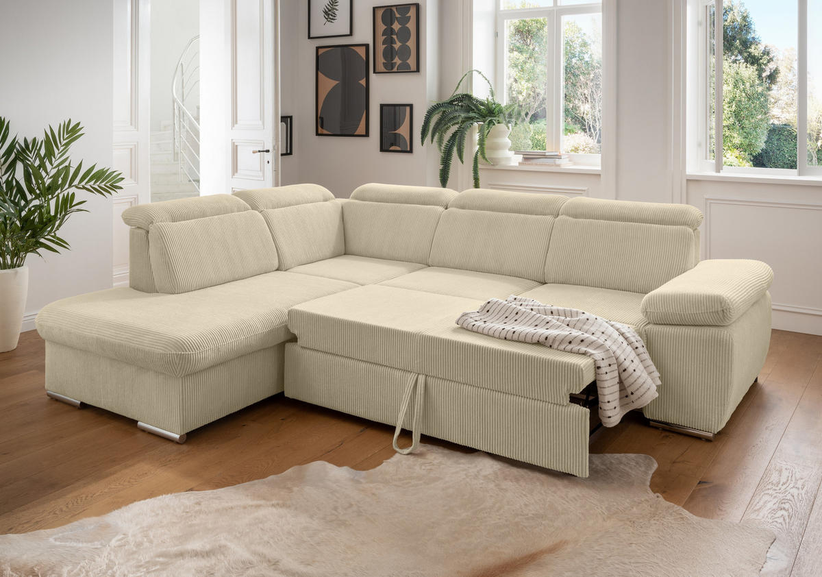 ECKSOFA mit Schlaffunktion, Bettkasten, Kopfstützen verstellbar, Wellenunterfederung, Ottomane links B283/T228/H102 cm, Cord Beige Grau / 17218 - Chromfarben/Greige, Textil/Metall (283/228cm) - luma-home