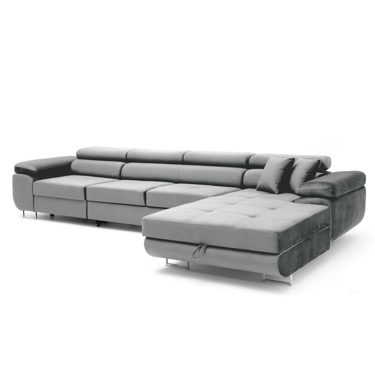 ECKSOFA ALONZO MAXI Rechts mit Schlaffunktion 125x195 Velours Hellgrau - Silberfarben/Hellgrau, Holz/Textil (203/350cm) - Muffo