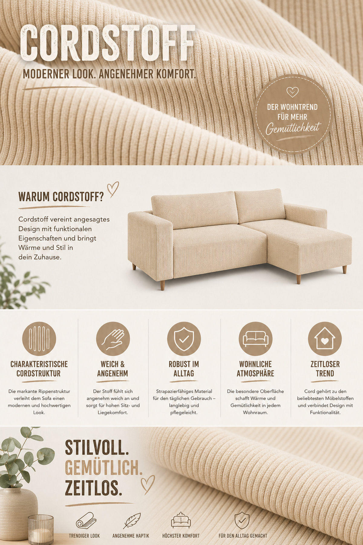ECKSOFA mit Schlaffunktion und Bettkasten Rio, Ecksofa Cordstoff Creme, Ottomane Universal, 249x142 cm - Creme, Textil (249/142cm) - Marpur
