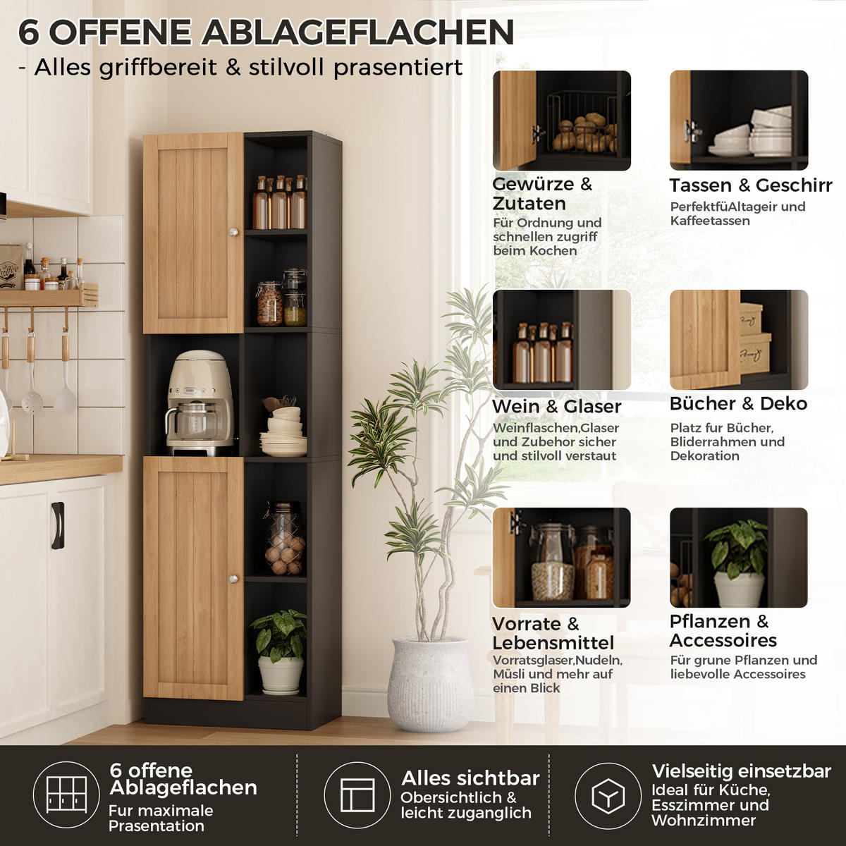 GESCHIRRSCHRANK Schwarz 50/35.5/170 - Schwarz, Holzwerkstoff (50/170/35.5cm)