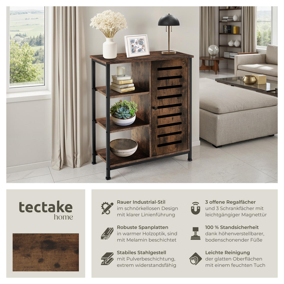 SIDEBOARD ,mit höhenverstellbaren Kunststofffüßen, 70 x 32 x 82 cm,Industrial Holz dunkel, rustikal - Rostfarben, Holzwerkstoff (32/82/71cm) - tectake