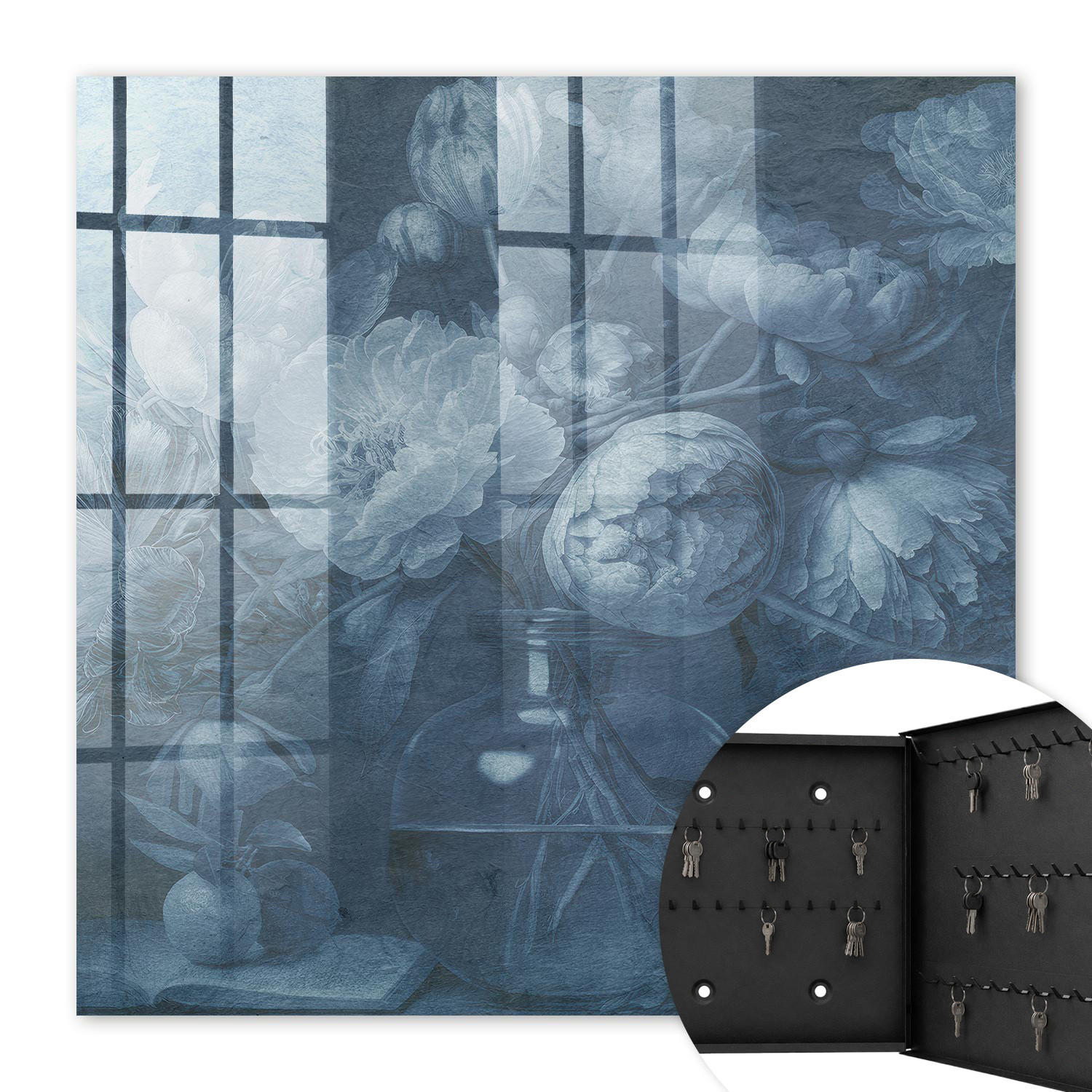 SCHLÜSSELBOX Schwarz 30x30 cm- Türöffnung nach rechts - Blumen in einer Vase - Blau, Metall (30/30/5cm) - TULUP