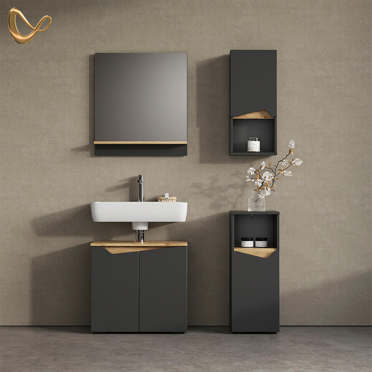 BADSCHRANK Timavo Anthrazit 30 x 67 cm mit Tür und offenem Fach - Anthrazit, Holzwerkstoff (30/67/17cm) - Livinity®
