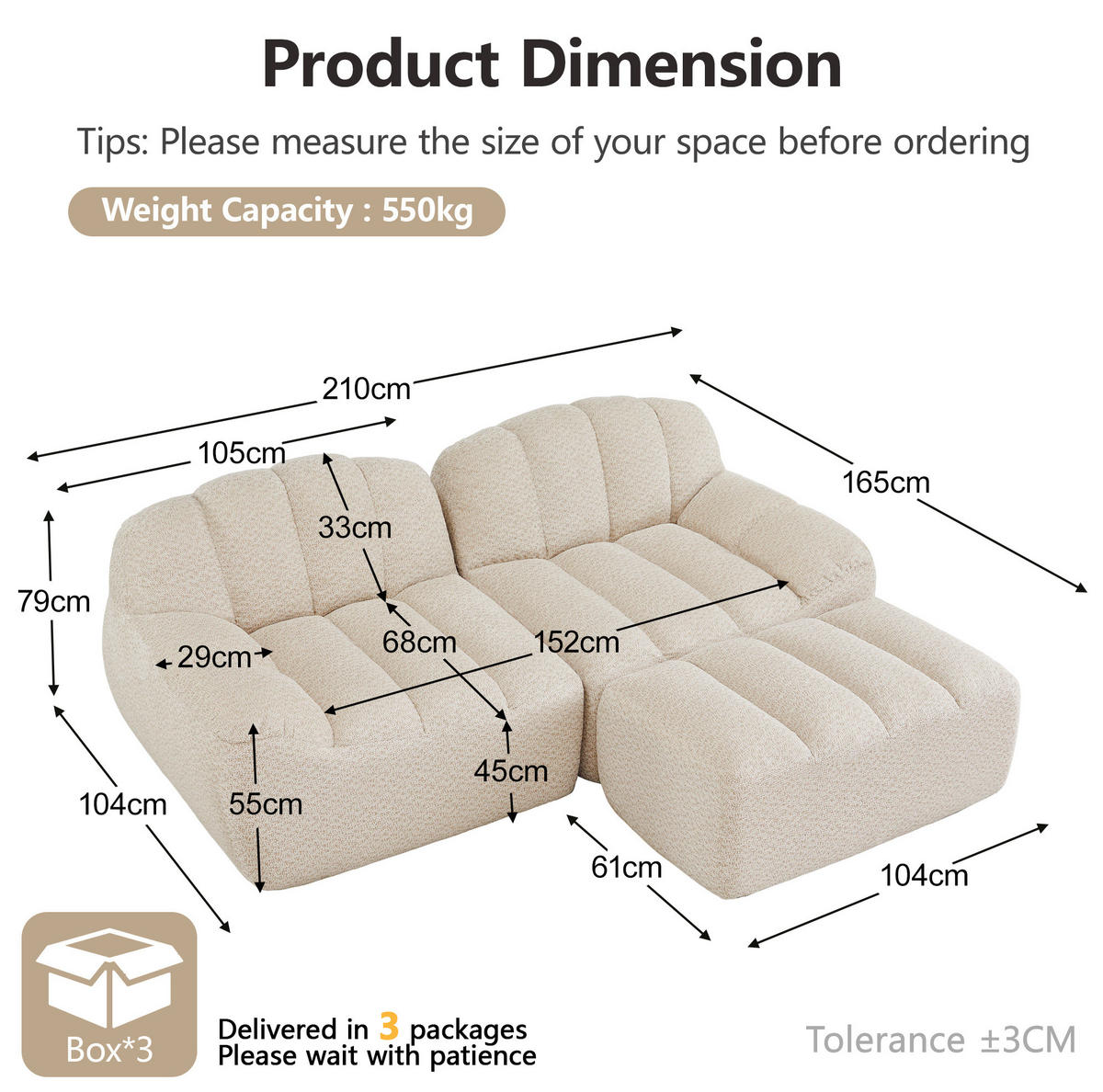 ECKSOFA 210/165/79 cm beige-weiß aus Granuliertem Fleece ohne Montage - Beige, Textil (165/210cm) - OKWISH