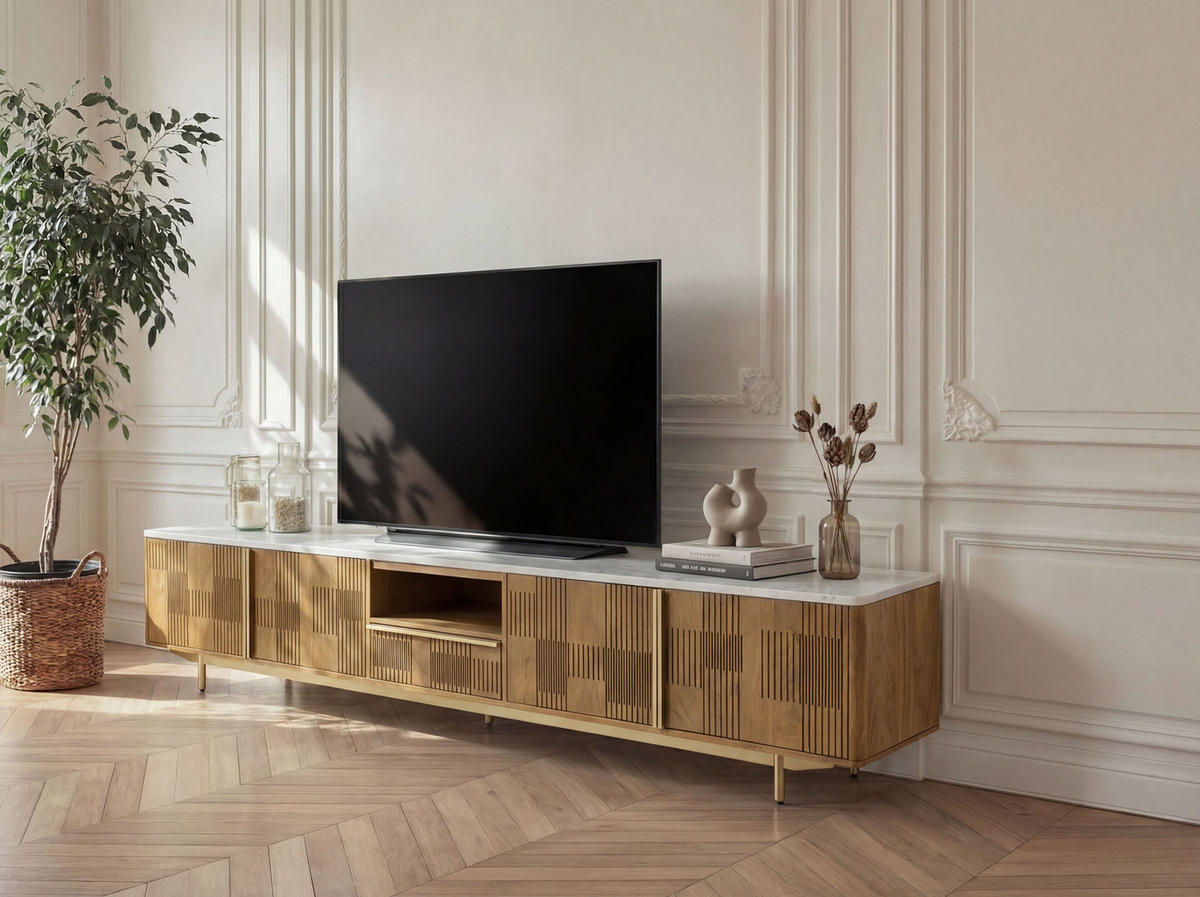 TV-BOARD Mango 240x40x50 hellbraun geölt / Marmor weiß MIAMI #107 - Braun, Holz (240/50/40cm) - Massivmoebel24
