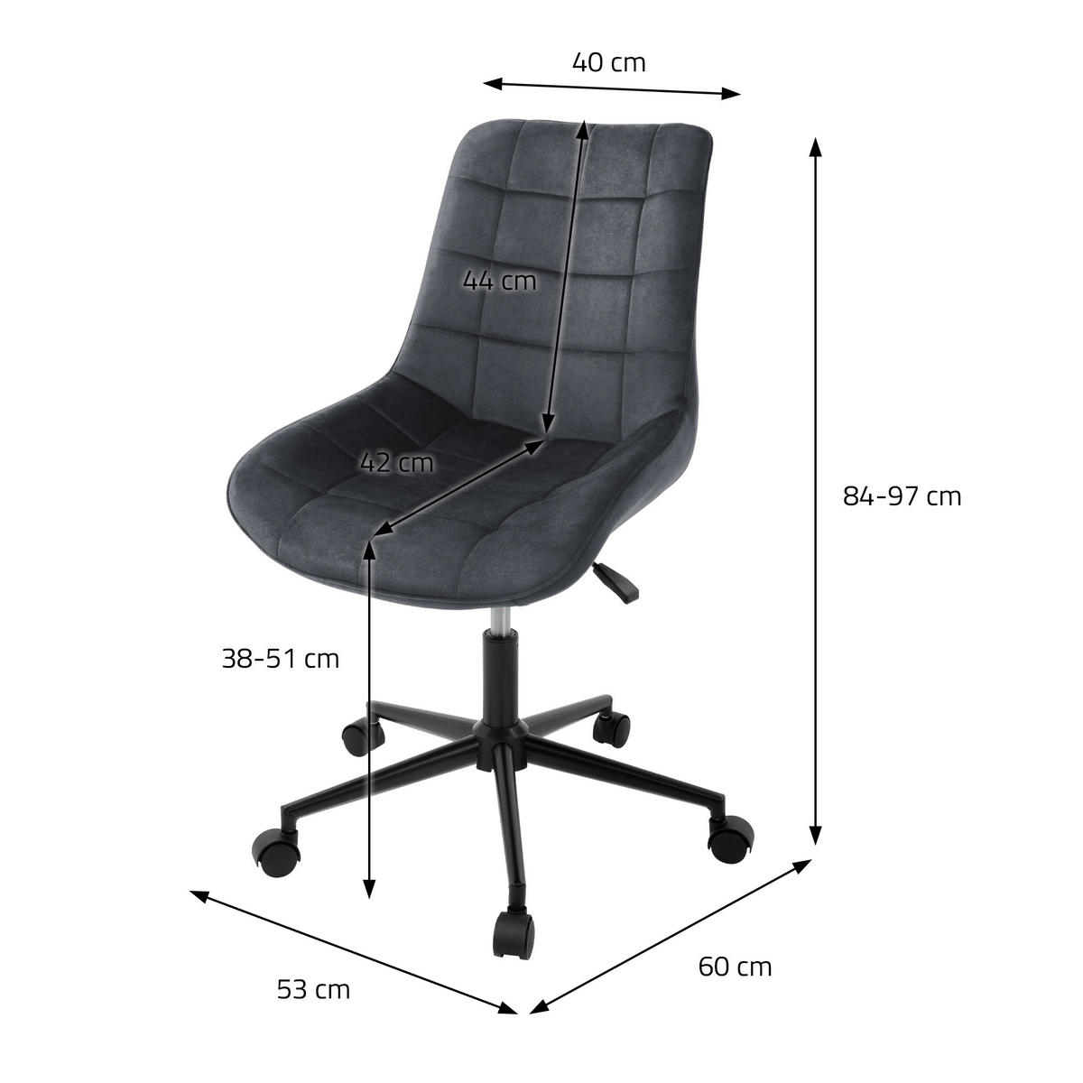 BÜROSTUHL Samt grau - Grau, Metall (53/97/60cm) - ML-DESIGN