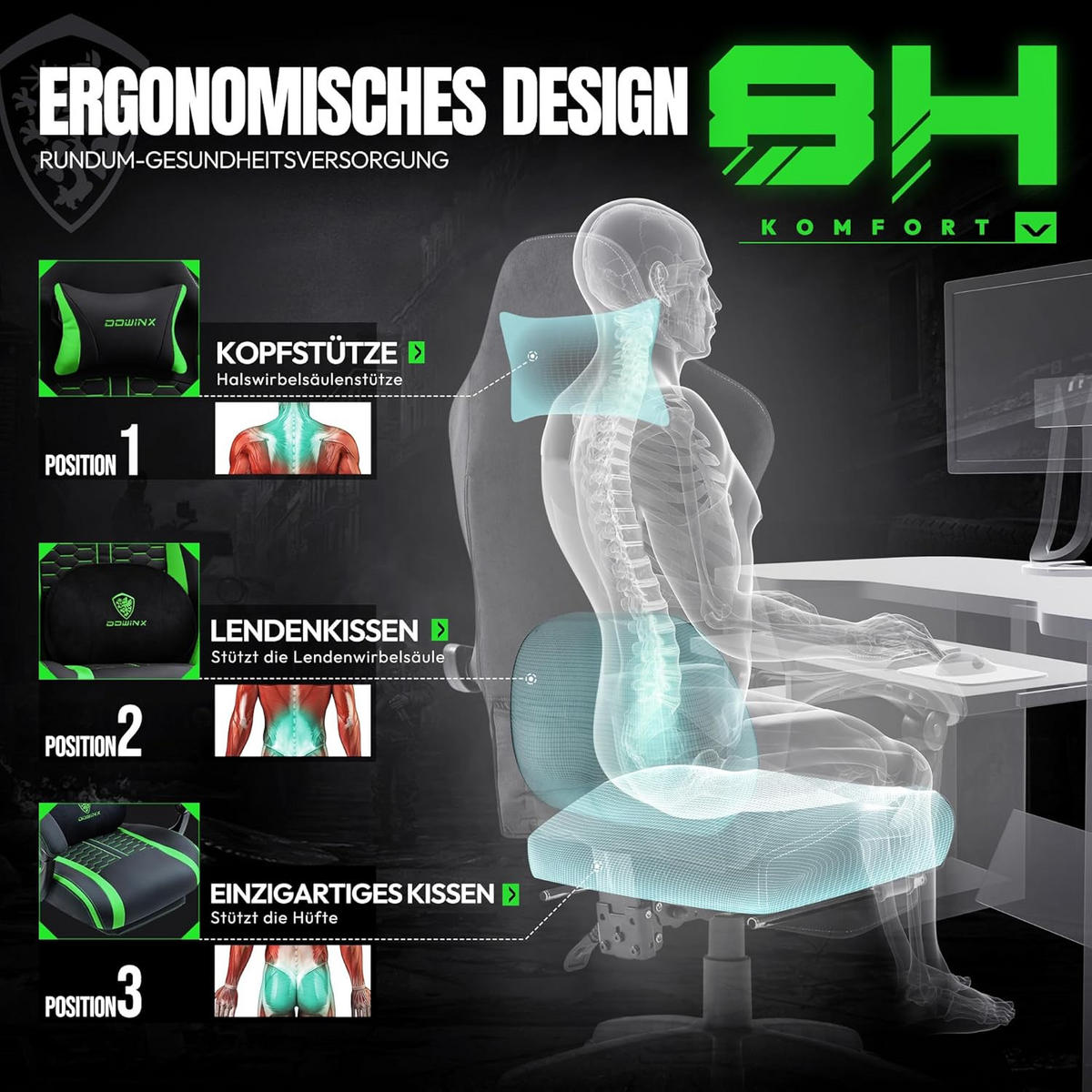 GAMINGSTUHL & Beheizter Massage Lendenwirbelstütze Fußstütze - Grün, Leder (69/128/69cm)