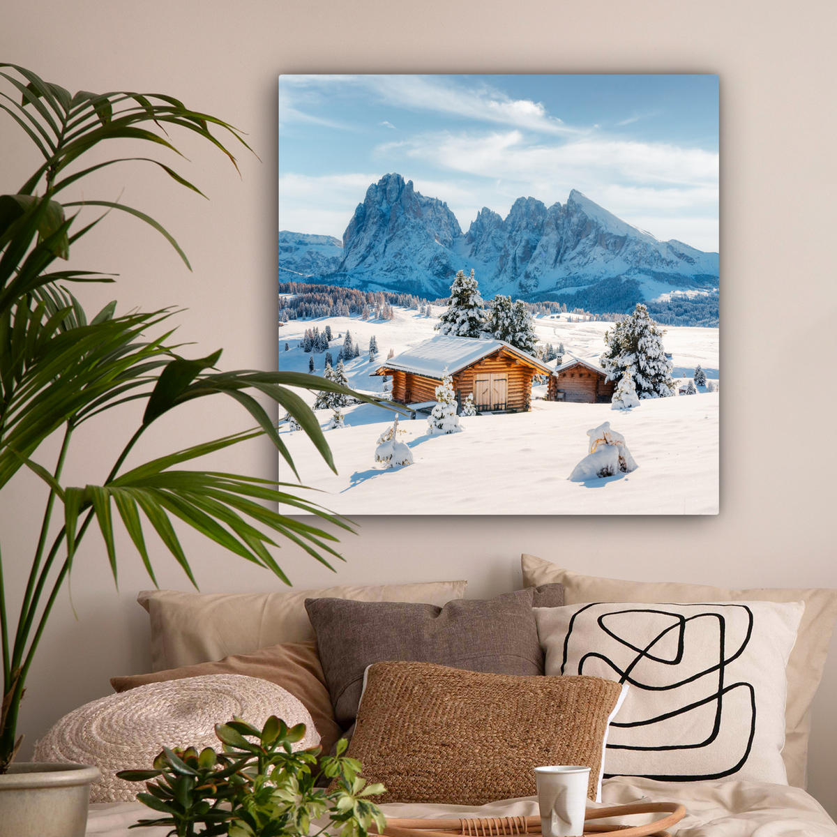 LEINWANDBILD Winter - Hütte - Berge - Aussicht - Schnee Deko Groß 90x90 cm - Eichefarben, Textil (90/90cm) - MuchoWow