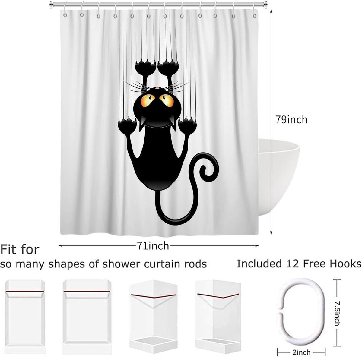 DUSCHVORHANG Katze Schwarz 180 x 200 cm Wand Stoff wasserdicht waschbar - Weiß, Textil (180/200cm) - MCBOSON