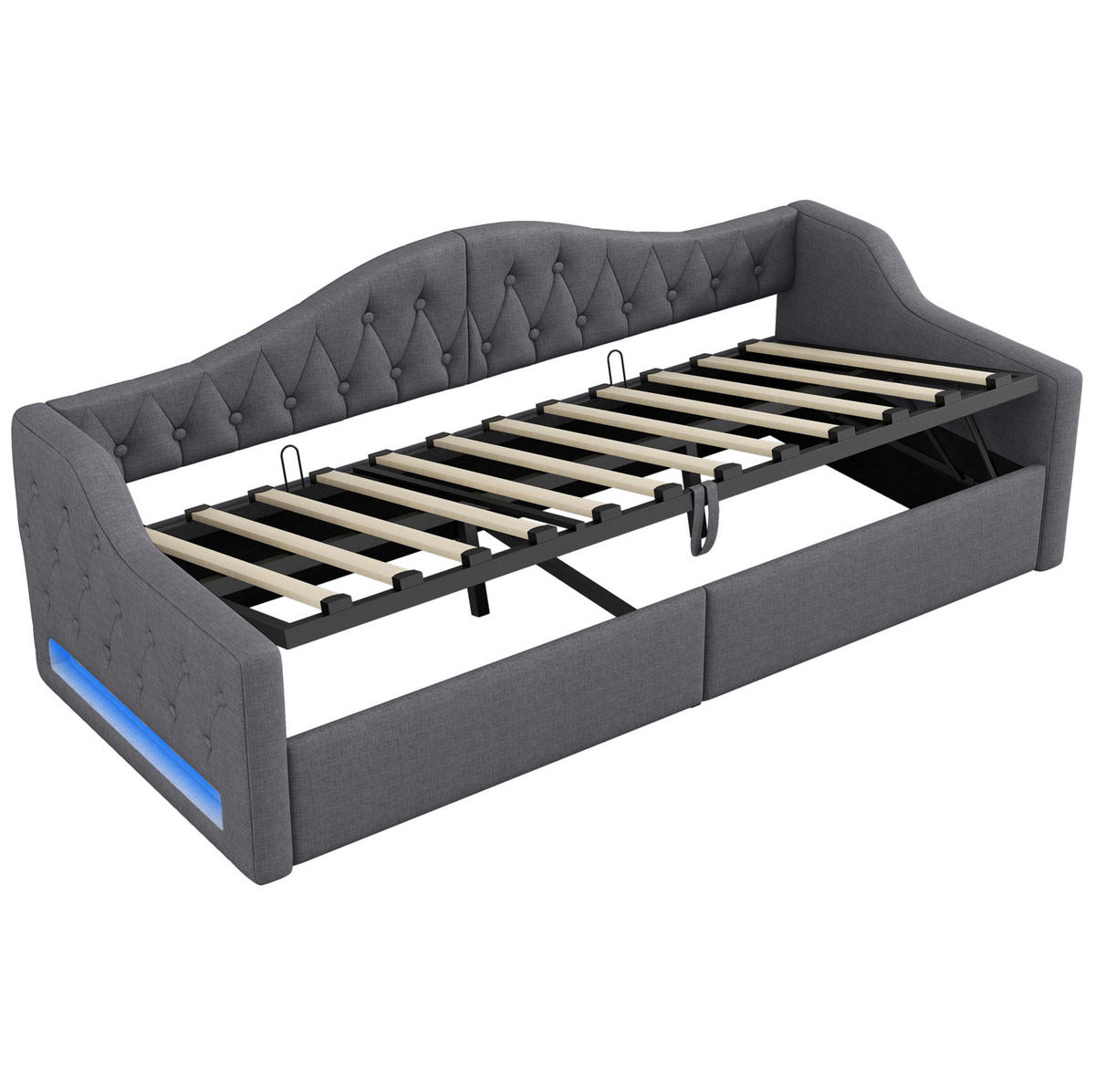 TAPECIRANI dnevni krevet 90/200 cm sivi od MDF-a i šperploče s LED rasvjetom i spremištem - siva, drvni materijal (90/200cm) - OKWISH