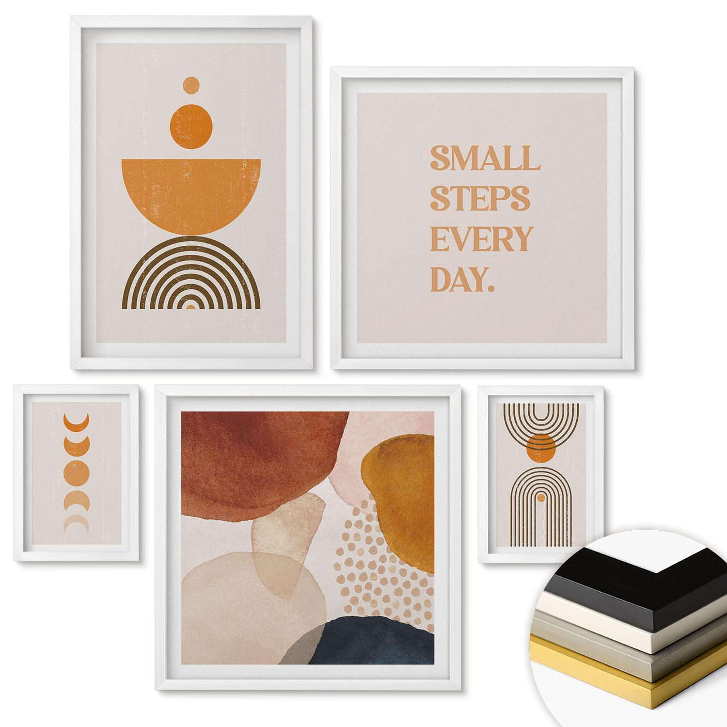 WANDBILDER 5er-Set - 50x50 cm & 20x30 cm & 40x60 cm Weißer Rahmen - Boho-minimalistische Dekorationen - Weiß, Kunststoff (40/60cm) - ArtPrintCave