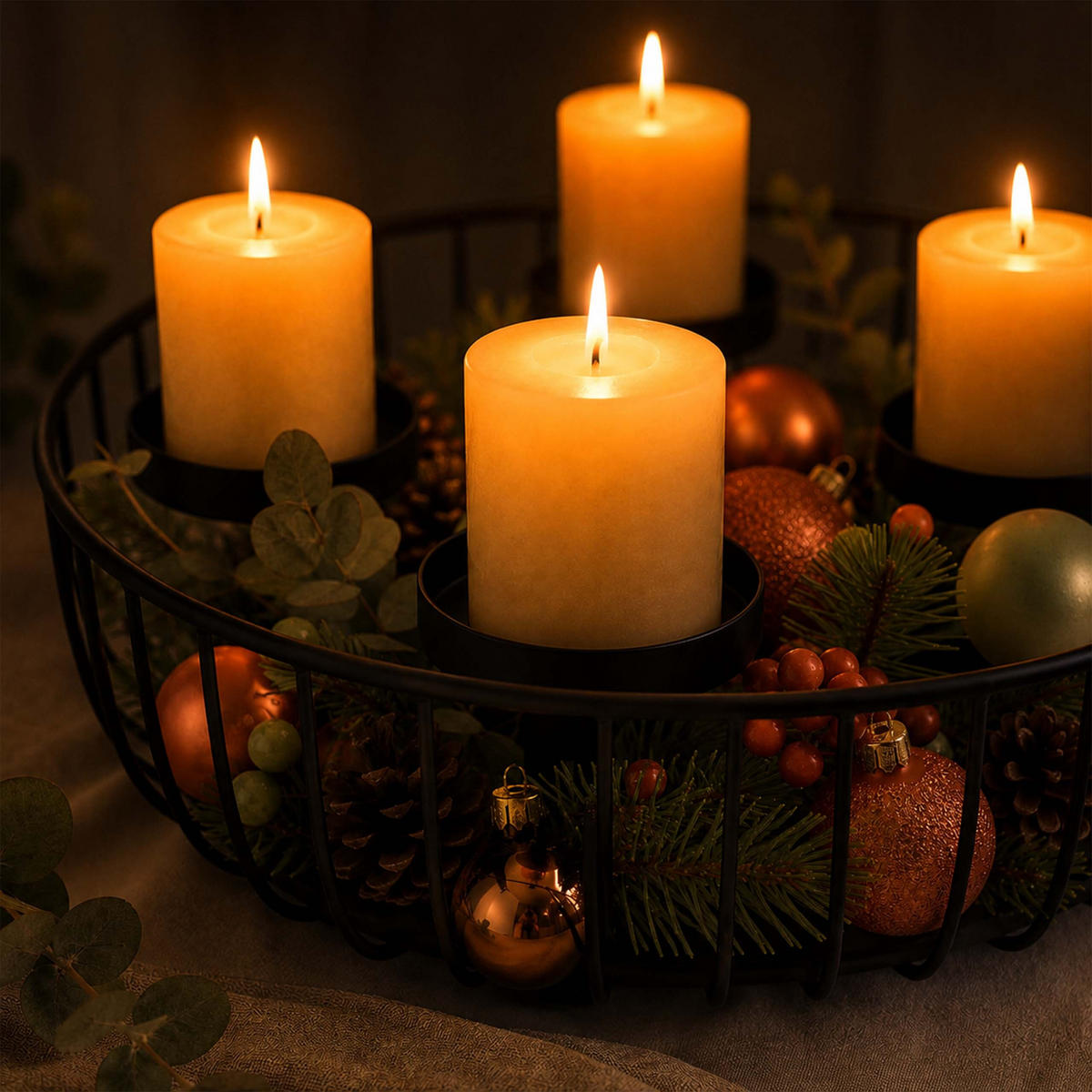 ADVENTSKRANZ Schwarz Stahl 4 Kerzenhalter 33 cm - Schwarz, Metall (10cm) - Relaxdays