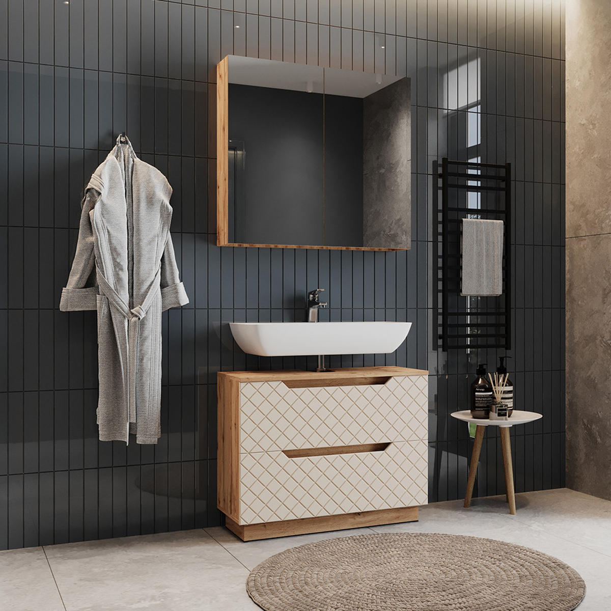 KOUPELNOVÝ NÁBYTEK Lotta Dub/kašmír se strukturou dlaždic - kašmírová/barva dubu, kompozitní dřevo (79.6/62.5/32cm) - Vicco
