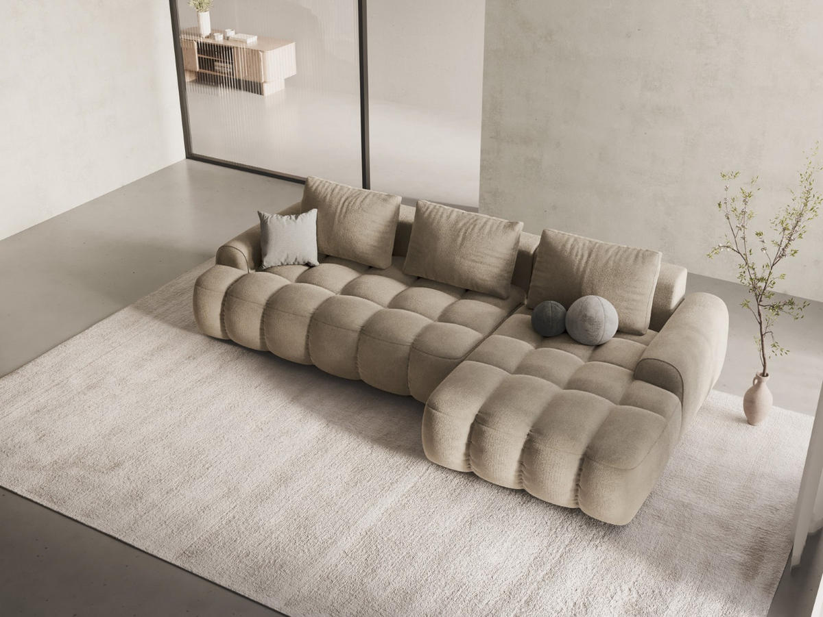 AUSKLAPPBARES-ECKSOFA rechts mit Container Linz aus Samt leichtes beige 3 Sitzplätze - Creme, Textil (142/275cm) - Cosmopolitan Design