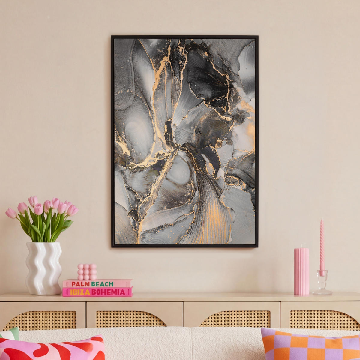 LEINWAND Bilder mit Rahmen - Grau - Luxus - Gold - Marmor - 60x90 - Dunkelgrau, Textil (60/90cm) - MuchoWow