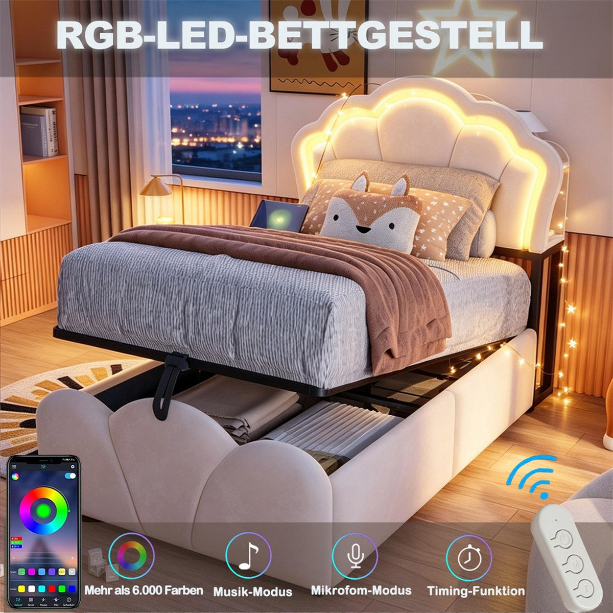POLSTERBETT 90x200 cm mit hydraulischem Stauraum - LED Beleuchtung & Ladeanschluss - Beige - ohne Matratze - Beige, Textil (90/200cm) - DELFA