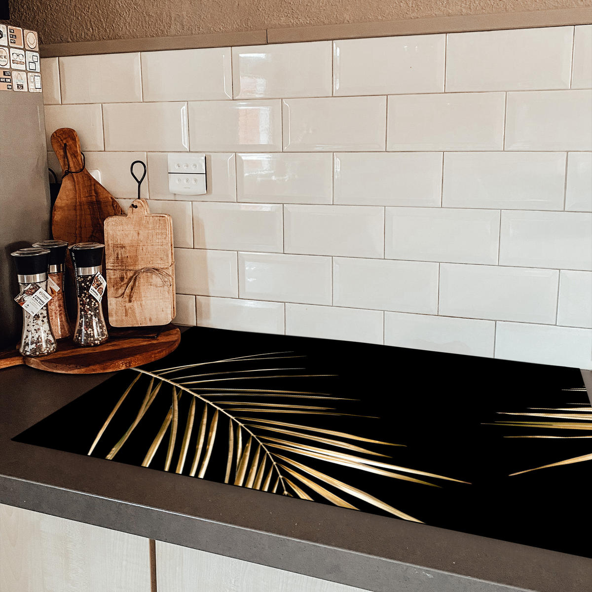HERDABDECKPLATTE Blätter - Pflanzen - Gold - Schwarz - Luxus 85x52 cm - Goldfarben, Kunststoff (85/0.2/52cm) - MuchoWow