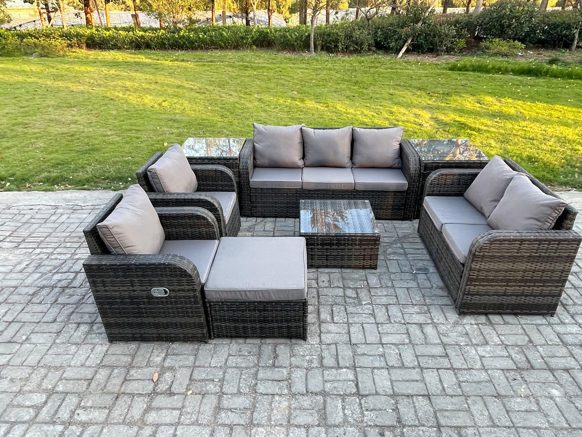 GARTENSOFA SET mit Couchtisch Polyrattan Dunkelgrau 8-teilige - Dunkelgrau/Grau, Glas/Kunststoff - Fimous