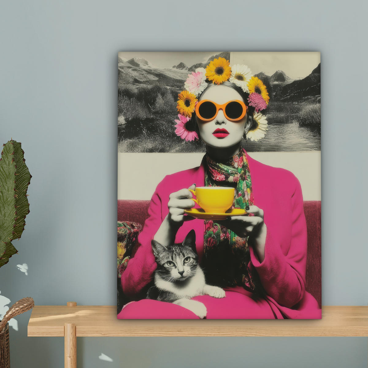 LEINWANDBILD Frau - Katze - Blumen - Tasse - Retro Room Decor 30x40 cm - Magenta, Textil (30/40cm) - MuchoWow