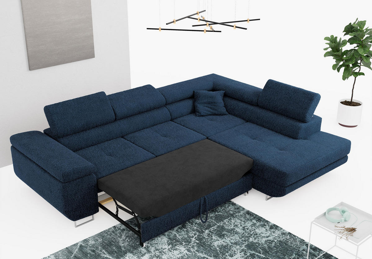 ROHOVÁ SEDAČKA GUSTAW L - Tmavě modrá Bouclé - Pravá Strana - stříbrná/tmavě modrá, kov/textil (205/275cm) - MKS