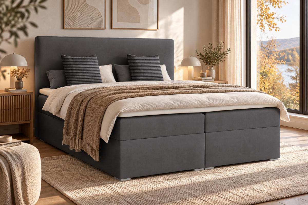 BOXBETT BASIC 200/200 Velours Dunkelgrau mit Bonell-Federkernmatratzen H3 - Dunkelgrau, Holz/Holzwerkstoff (200/200cm) - Deine Möbel 24