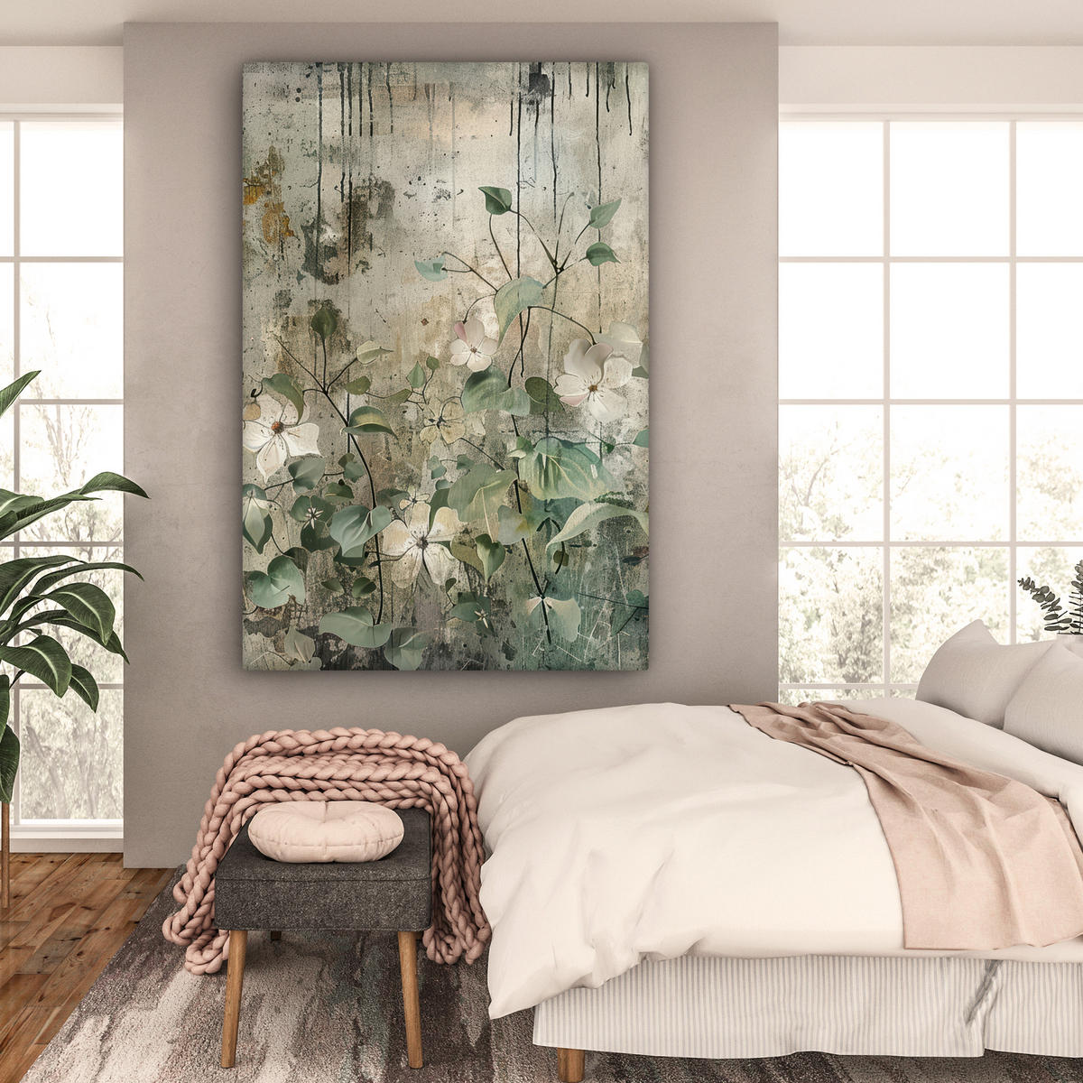 LEINWANDBILD Blumen - Blätter - Abstrakt - Modern Deko Groß 90x140 cm - Grau, Textil (90/140cm) - MuchoWow