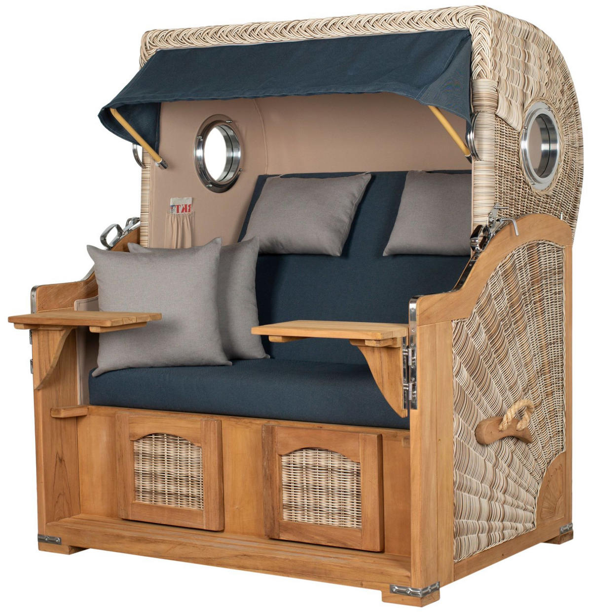 STRANDKORB Komplettset: Ammersee Grande XL Teak Bullauge - PE shell - Modell 593 - Grau, Holz/Kunststoff (142/165/95cm) - bene living