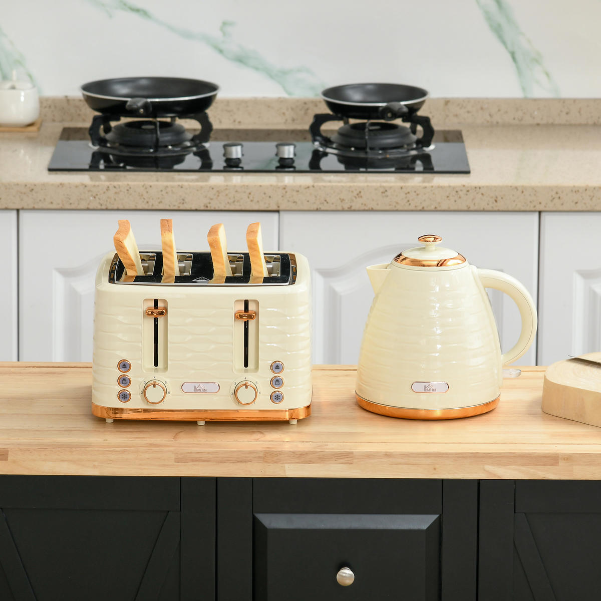 WASSERKOCHER-TOASTER-SET mit 1,7 L Wasserkocher, 4 Scheiben-Toaster, Beige - Beige, Kunststoff (19.5/23.2/24.1cm) - HOMCOM