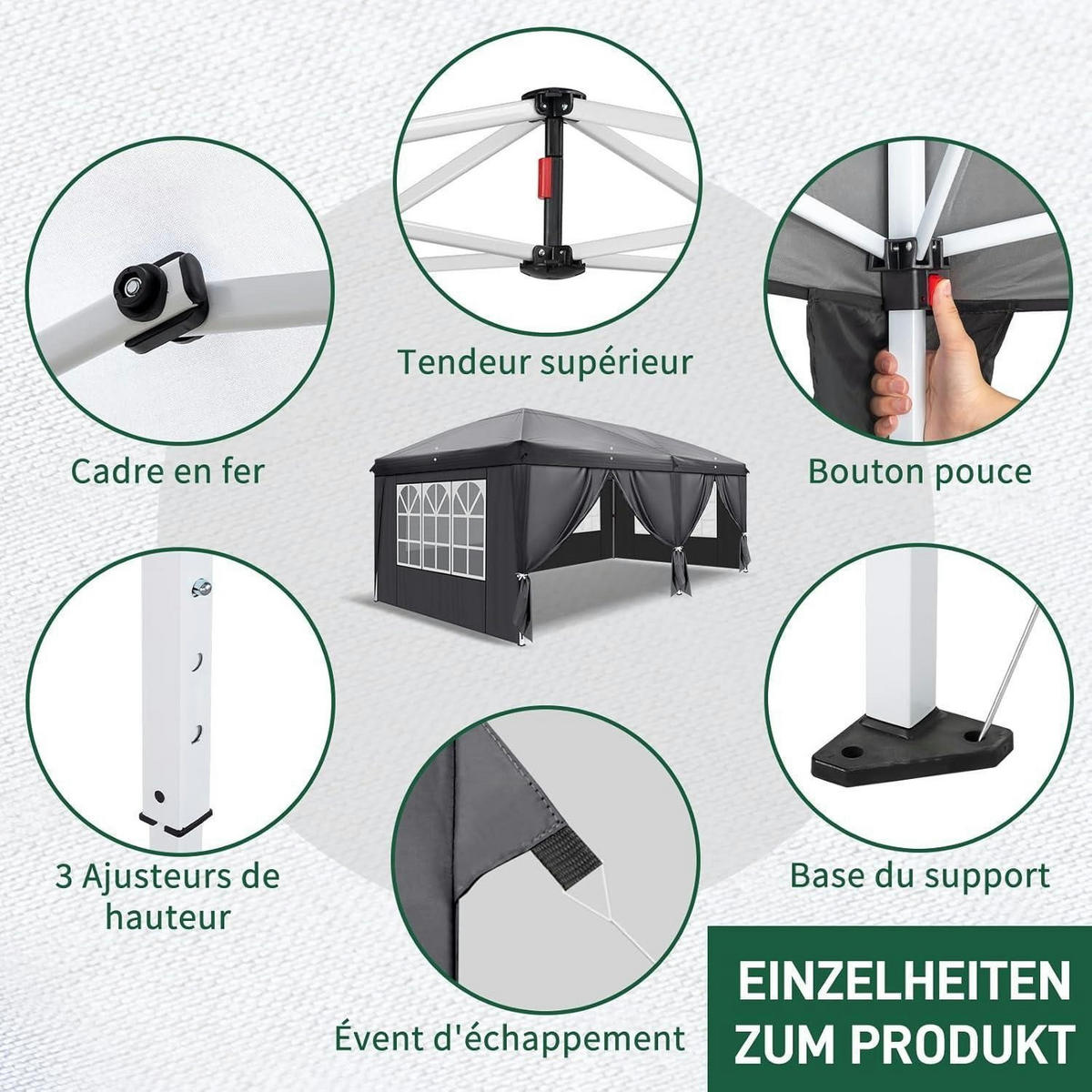 FALTPAVILLON 3x6 m Anthrazit mit 6 Seitenteilen - Anthrazit, Metall (300/265/600cm)