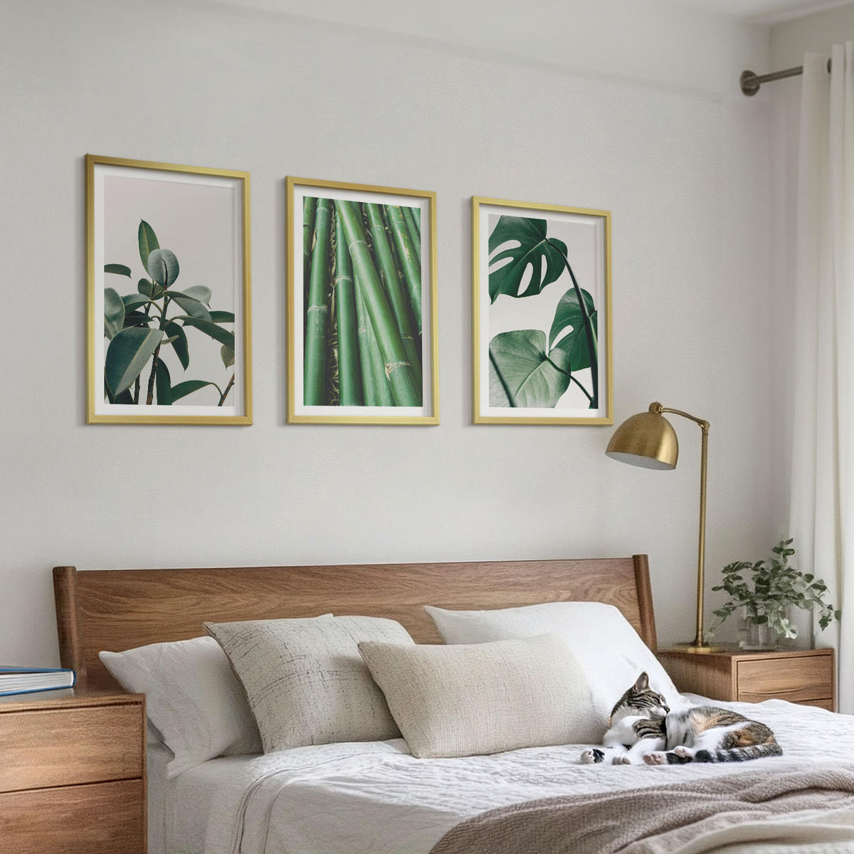 BILDER SET 3er Set - 40x60 cm Goldrahmen - Bambusstängel und Monstera-Blätter - Goldfarben, Kunststoff (40/60cm) - TULUP