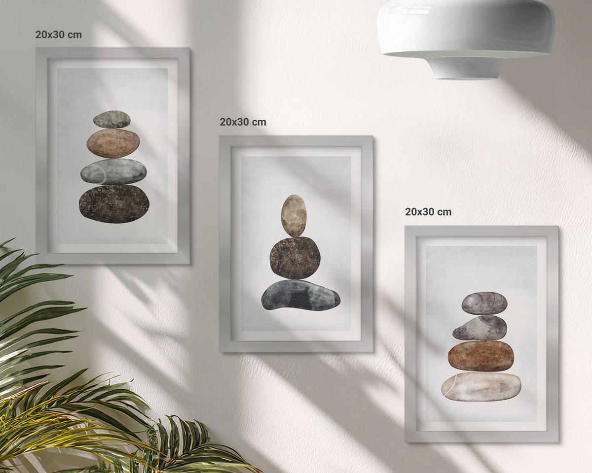 BILDER SET 3er Set - 20x30 cm Silberner Rahmen - Minimalistische Boho-Steine - Silberfarben, Kunststoff (20/30cm) - TULUP