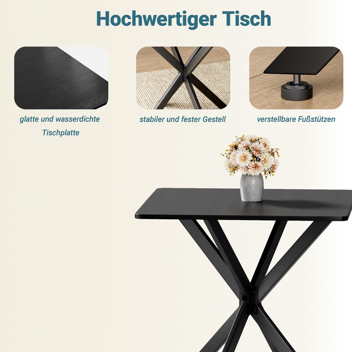 BEISTELLTISCH 80/80/75 cm schwarz aus Eisen mit höhenverstellbaren Füßen - Schwarz, Holzwerkstoff (80/80/75cm) - OKWISH