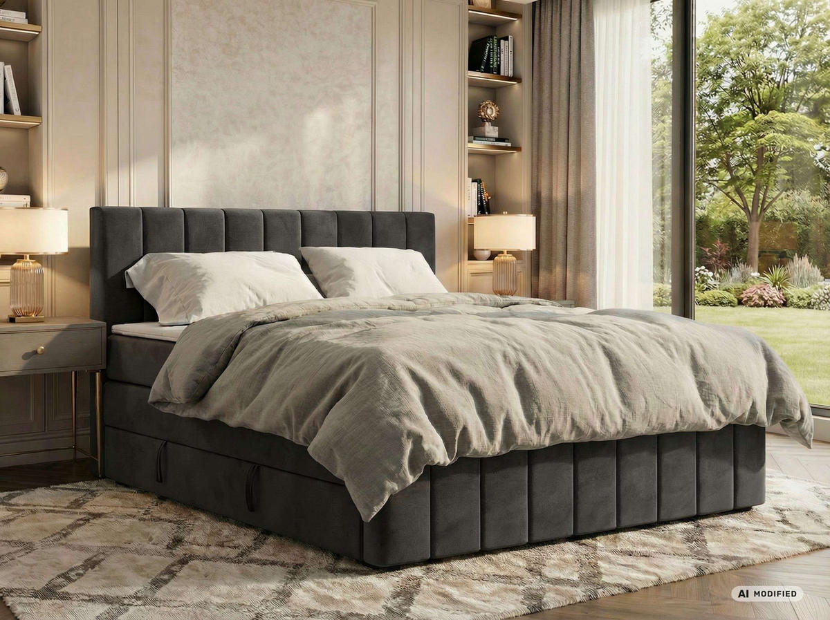 BOXSPRINGBETT ALVER KING DUO 200/200 - Dunkelgrau Velvet - Topper T25 - H4 - Dunkelgrau/Schwarz, Kunststoff/Textil (200/200cm) - MKS
