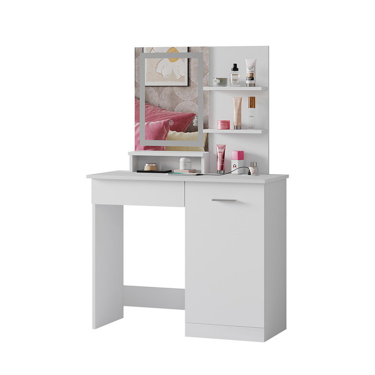 SCHMINKTISCH Julia Weiß 90 cm mit LED-Spiegel und QI-Ladestation - Weiß, Holzwerkstoff (90/137.5/38cm) - Vicco