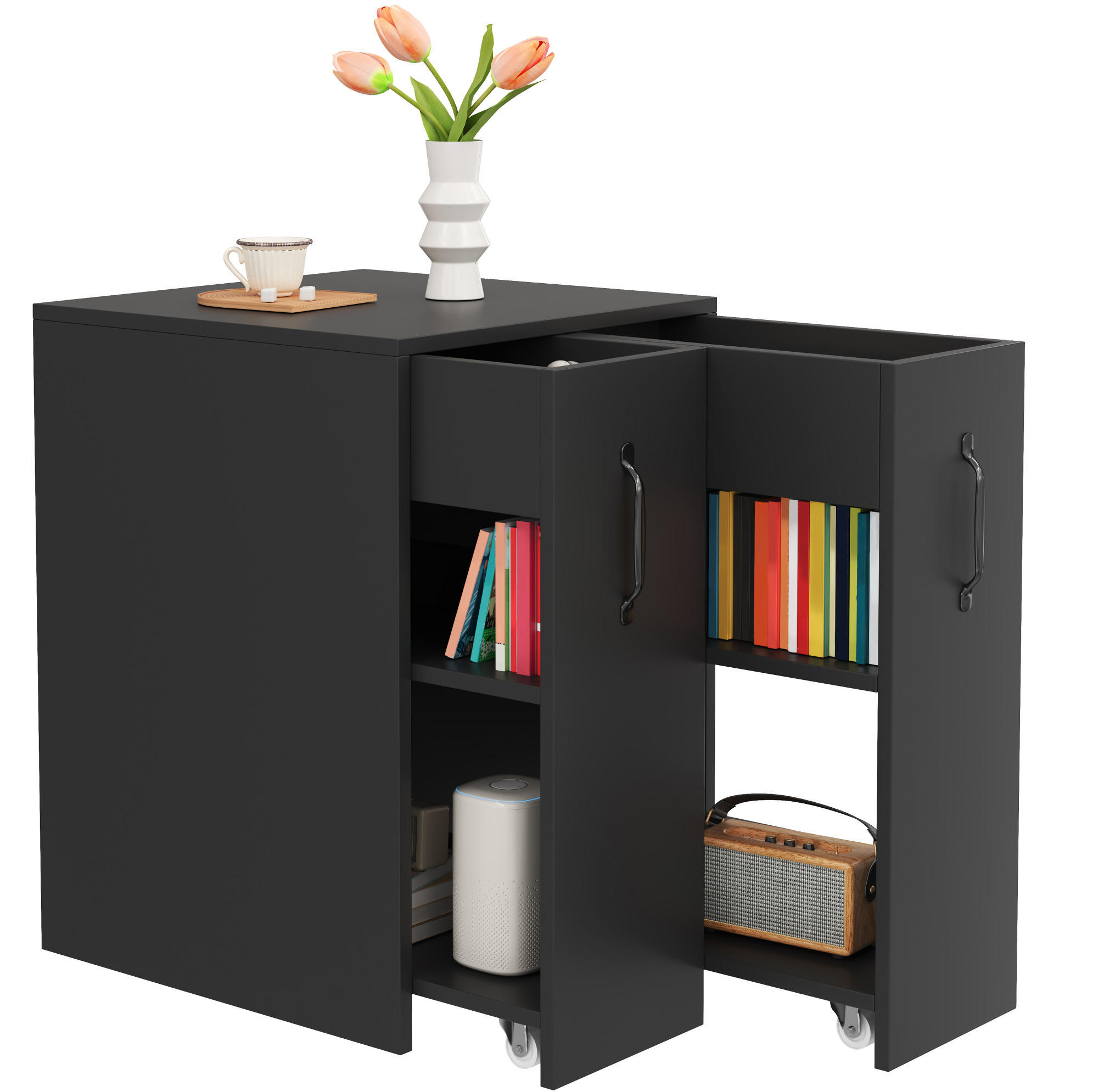 SIDEBOARD 52/50/75 cm mit Rollen und ausziehbaren Fächern in Schwarz - Schwarz, Holzwerkstoff (52/75/50cm) - BEAOK