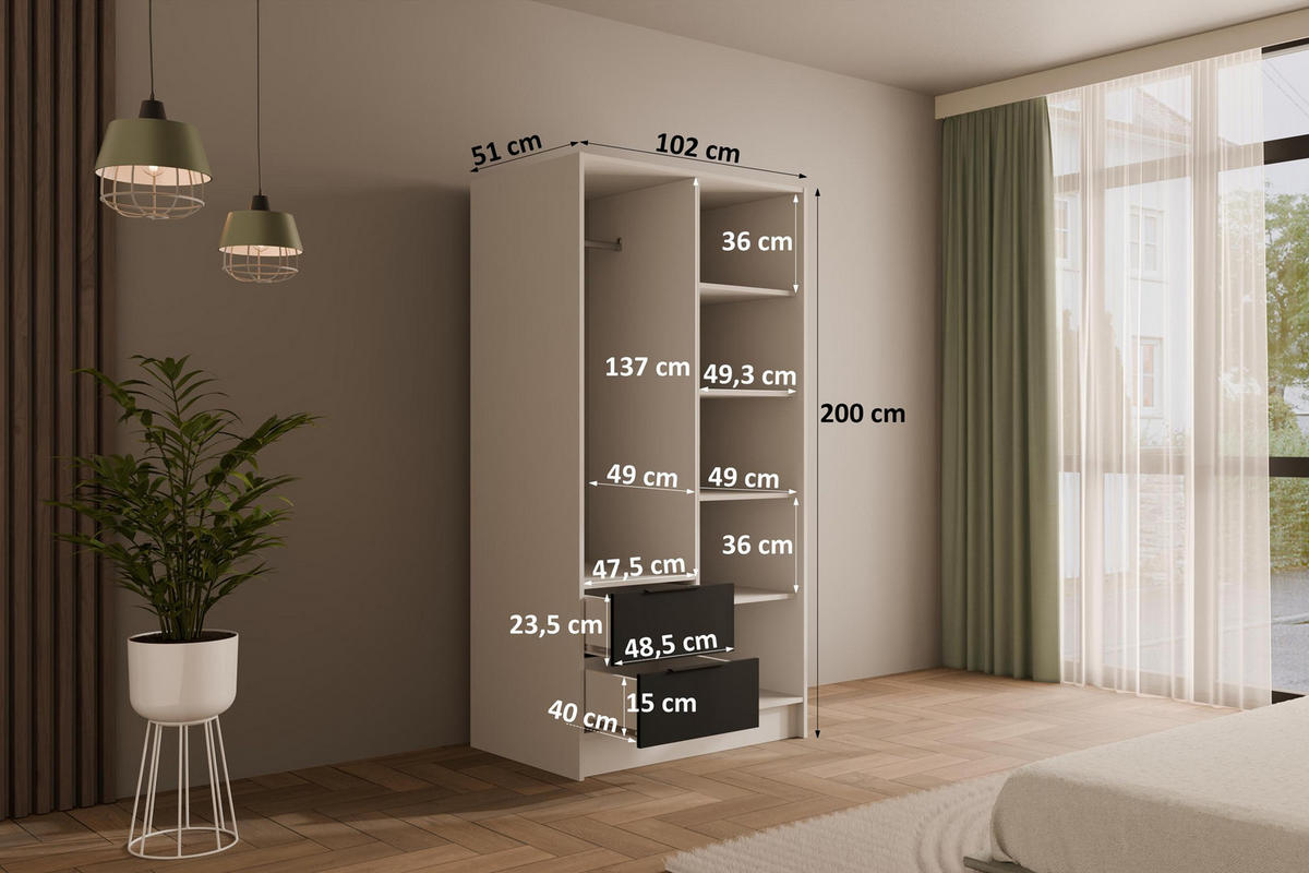 KLEIDERSCHRANK mit Spiegel und Flügeltüren KOLIN 100x200cm Weiß / Schwarz - Schwarz/Weiß, Holzwerkstoff (102/200/51cm) - ALTDECOR