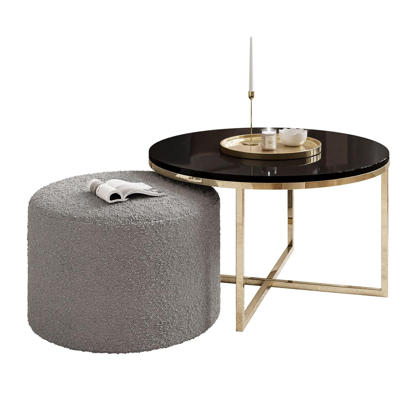 Lookway Couchtisch Gold, Schwarz Hochglanz, Grau 70x46x70 cm