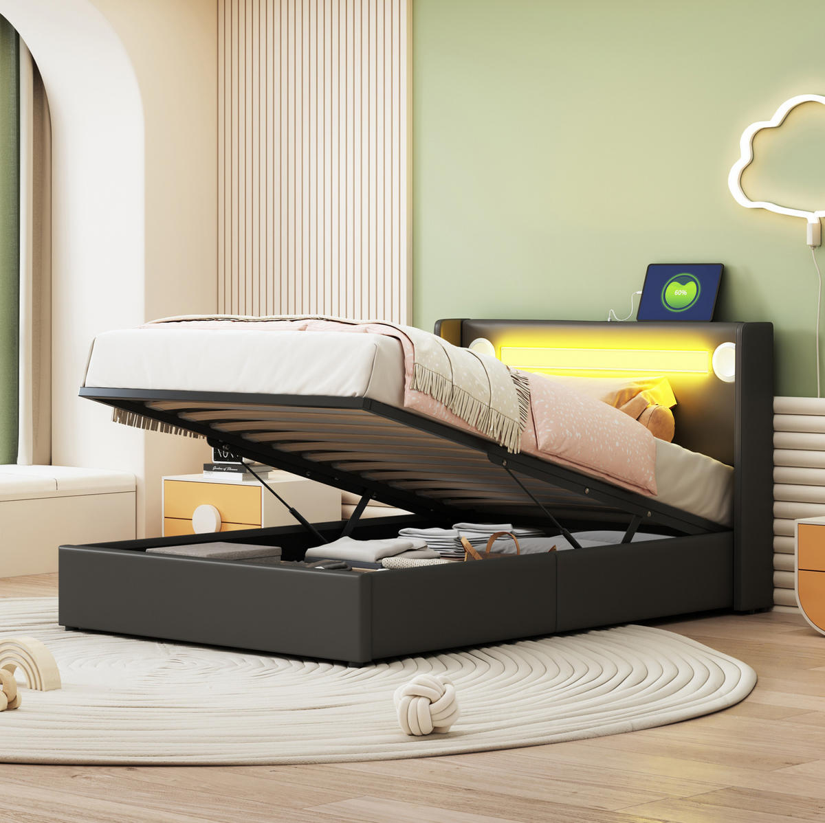 TAPECIRANI dječji krevet 90/200 cm crni od PU kože s LED rasvjetom, Bluetoothom i spremištem - crna, plastika (90/200cm) - OKWISH