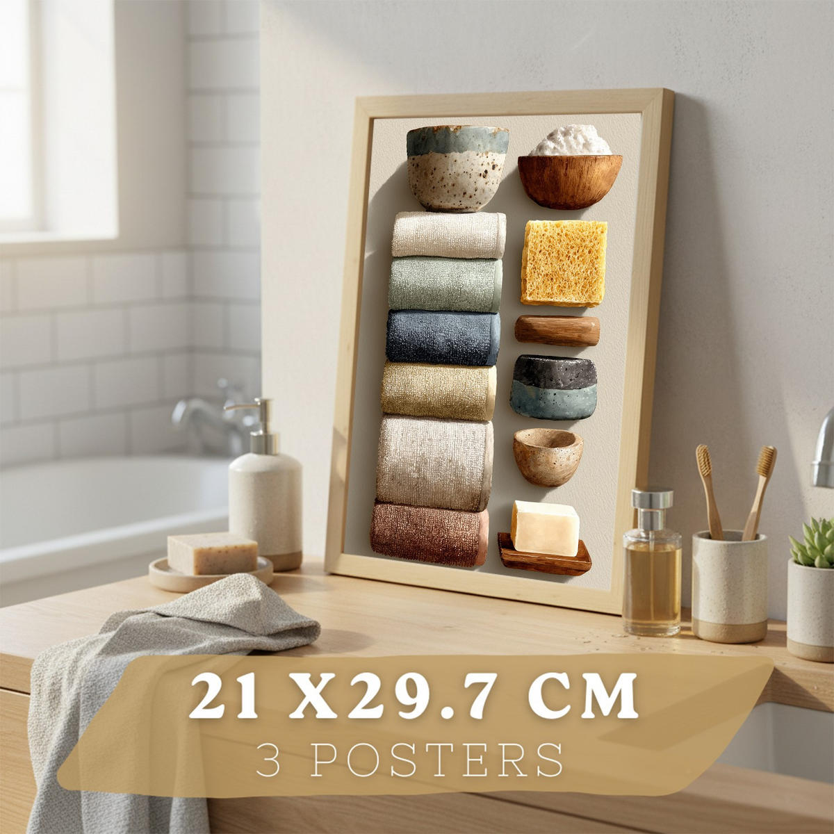 POSTER 3er-Set dekorative Badezimmerbilder im natürlichen Spa-Stil, Motive mit Handtüchern, Kerzen minimalistisches, Leichter Holzrahmen A4 - Beige, Papier (29.7/21/3cm) - Nacnic