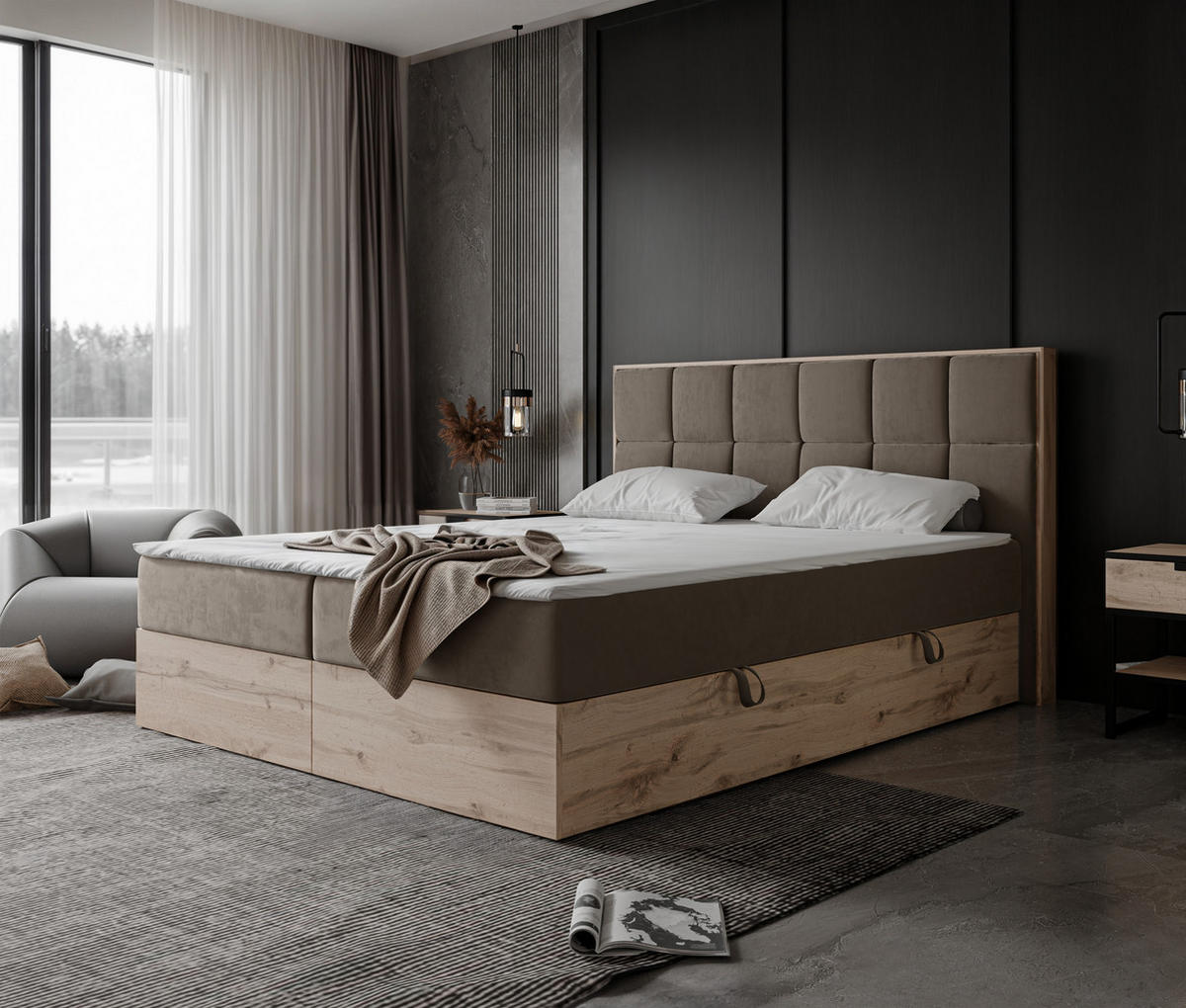 BOXBETT LAVIO II 160/200 cm, in Hellbraun, mit Matratze und Topper - Hellbraun, Holzwerkstoff/Textil (160/200cm) - Idohome