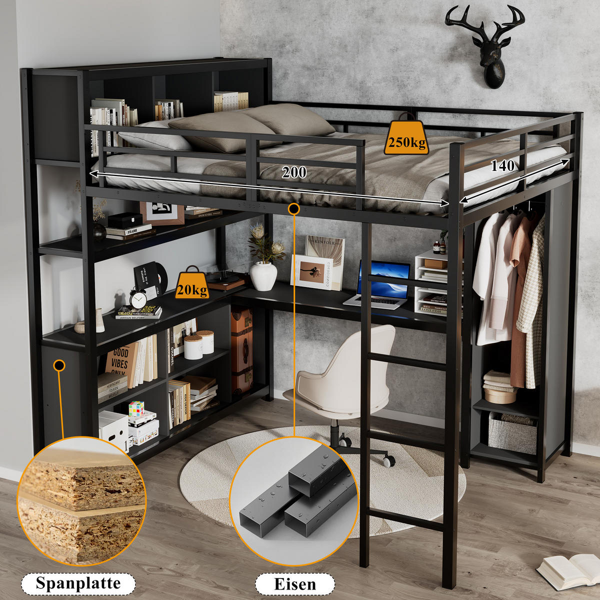 HOCHBETT mit Schreibtisch 140/200 cm in Schwarz – mit Kleiderschrank und Stauraum - Schwarz, Metall (90/200cm) - BEAOK