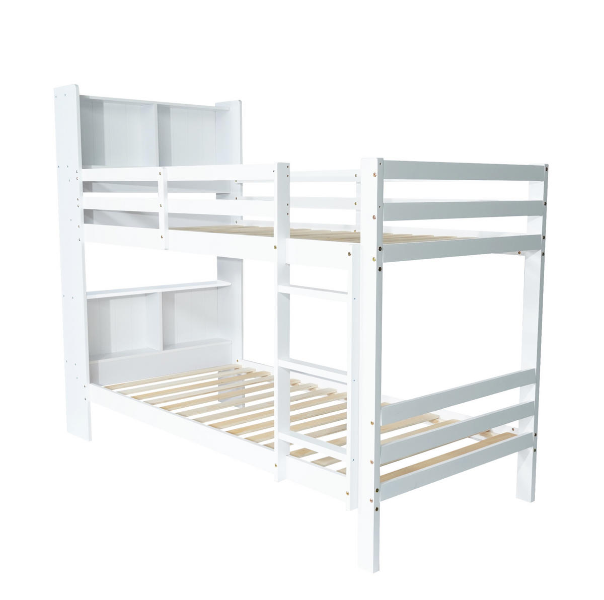 ETAGENBETT 90/200 cm mit Kopfregalen und rechtwinkliger Leiter und MDF, Weiß - Weiß, Holzwerkstoff (90/200cm) - Redom